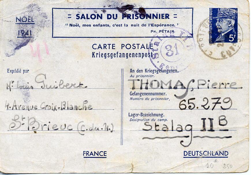 1941 entier postal salon du prisonnier recto